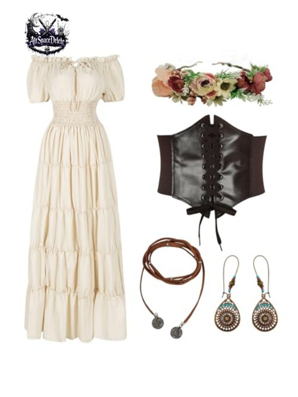 5Pc Renaissance Medieval Costume Dress Corset Flower Crown Women